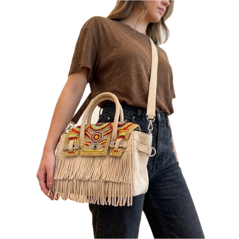 Larettamia Italy Beige Suede Fringe Beaded Satchel Crossbody Bag Multi-Color NEW
